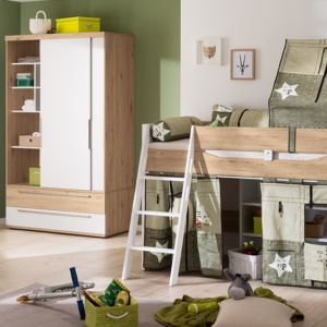 PAIDI Kinderzimmer Fionn: Spielbett mit Motiv-Textilien "Canvas Style" und Schiebetürenschrank