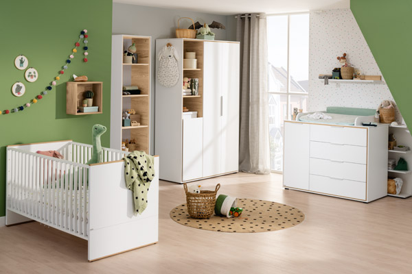 Babyzimmer LIEVEN mit Babybett, Schrank, Regal und Wickelkommode